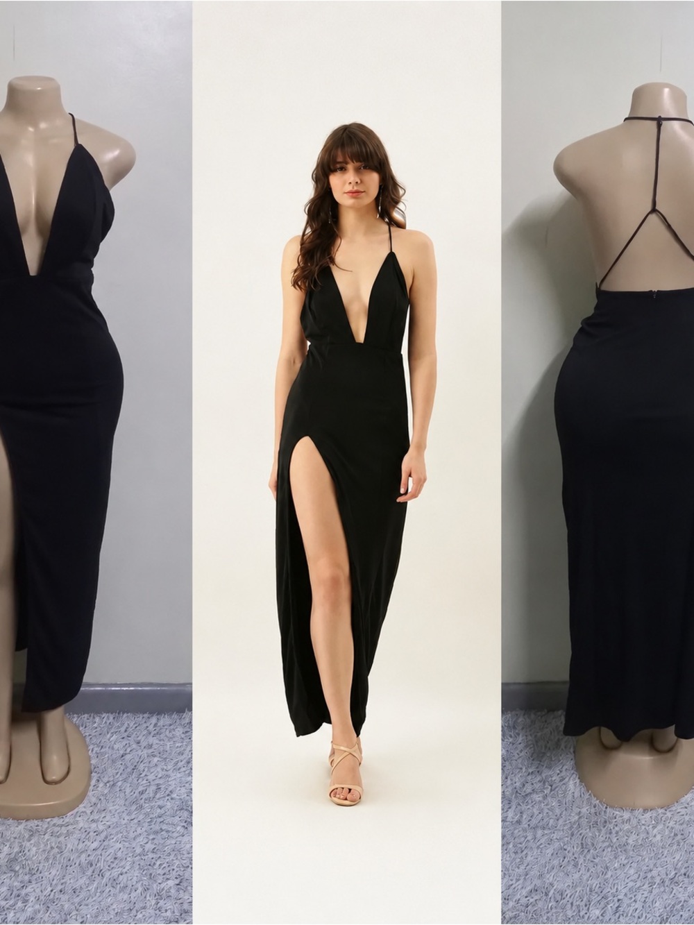 Black Plunge Halter Evening Dress